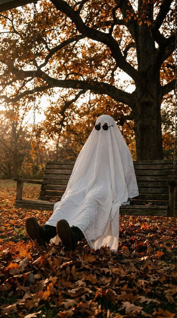 AI-generated ghost photoshoot example: swing into spooky season